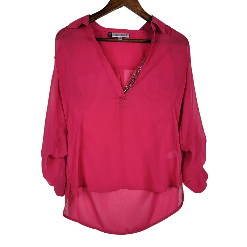 Jennifer Lopez Womens Sheer Hot Pink Blouse Sz XS‎